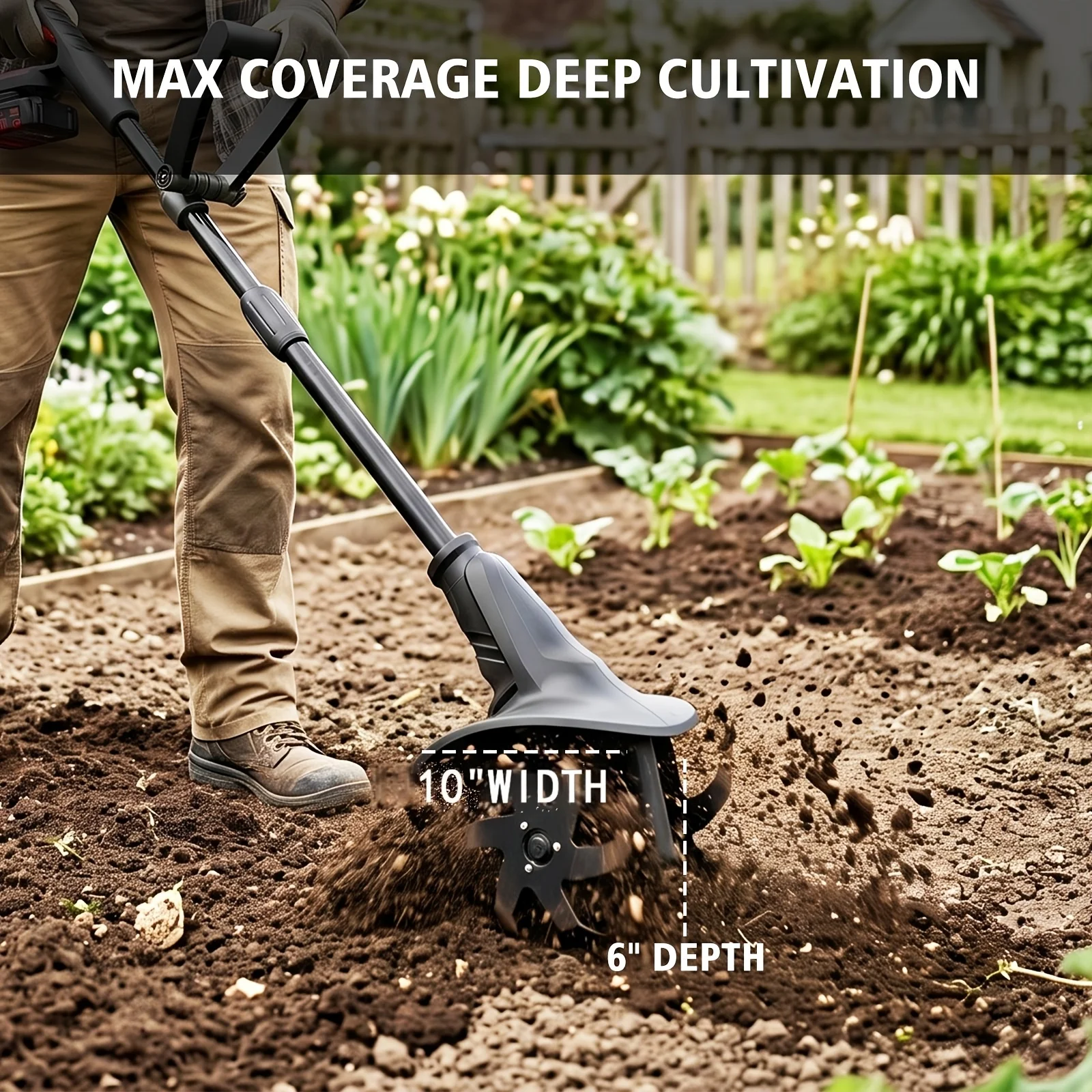 MZK 20V Cordless Tiller Cultivator With Steel Tines, 10-inch Wide Battery Powered Garden Cultivator, 360RPM Electric Tiller For Lawn/Gardening/Soil Cultivation(2 * 4AH Battery&Charger Included) view 5