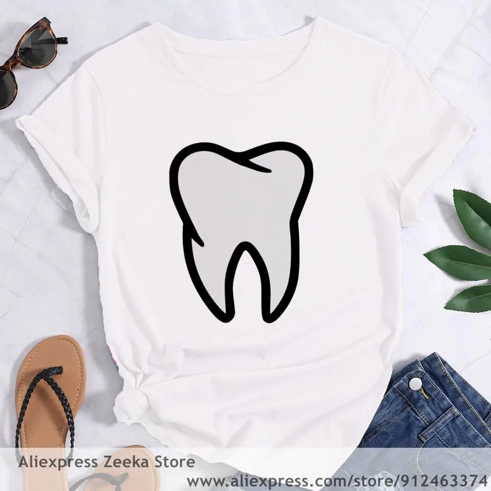 Tooth and Dentist Graphic Aesthetic  Women Funny Print Ladies T-shirt Girl Y2K Harajuku Basis O-collar White Shirt Short