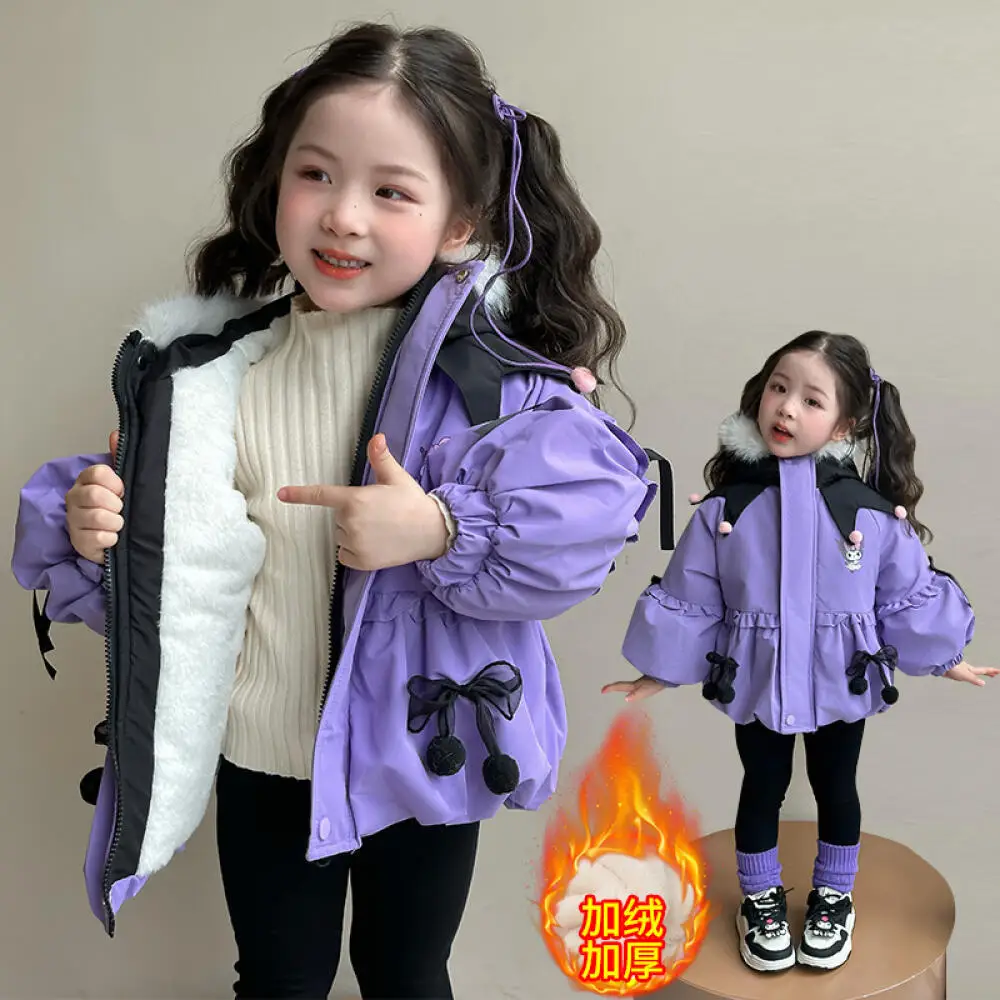 

Sanrio Kuromi Girls' Winter Velvet Jacke Baby Girl's Jacket Children's Clothing Cotton Parkas Coat Hooded Warm Thicken Overcoa