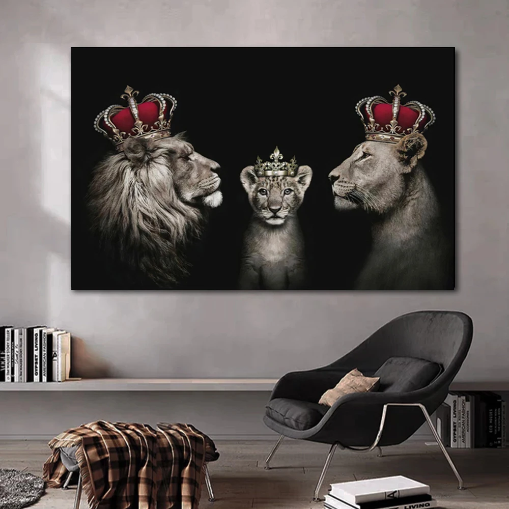 

Black & White Family of Lions Painting Crown Lions Canvas Posters and Prints Picture for Modern Living Room Home Decor Cuadros