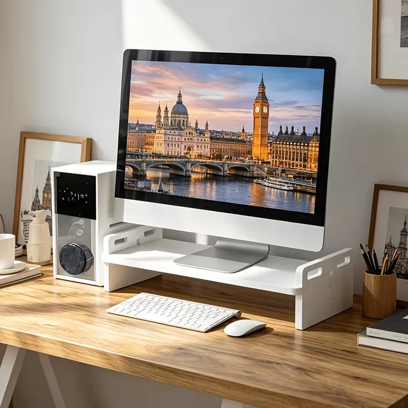 Ergonomic computer monitor stand with storage space, laptop desktop manager, screen, keyboard, home office desktop workspace