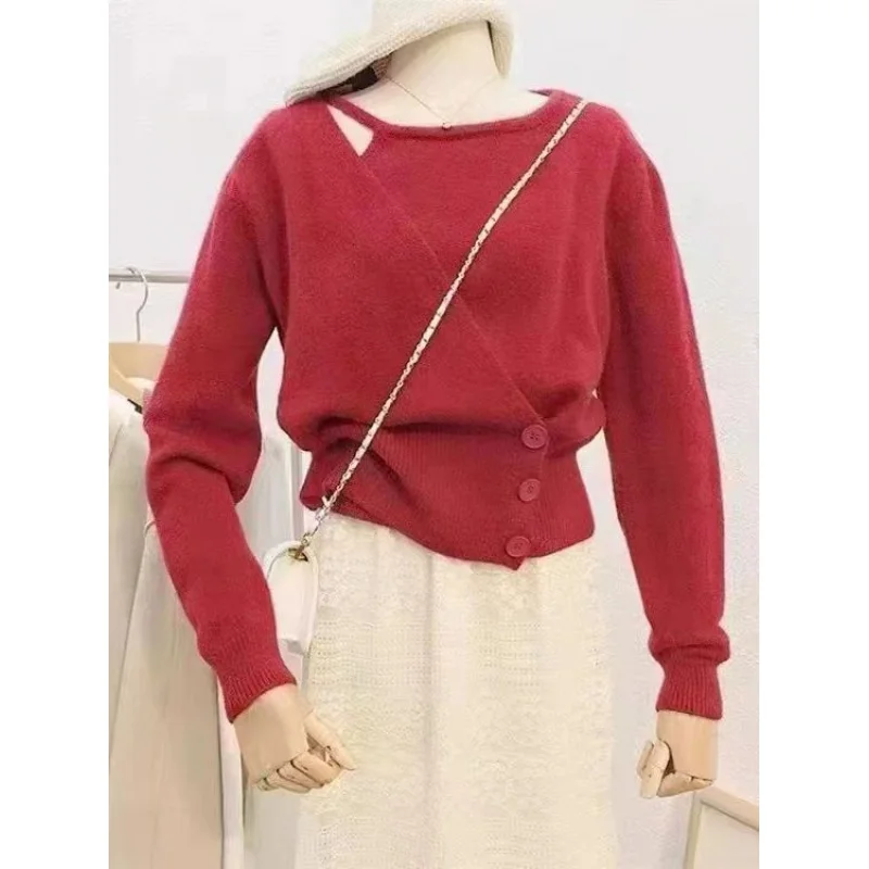 2024 Spring New Fashion Socialite Waist-Tight Gentle Elegant Top Chinese Style Oblique Buckle Hollow Design Knitted