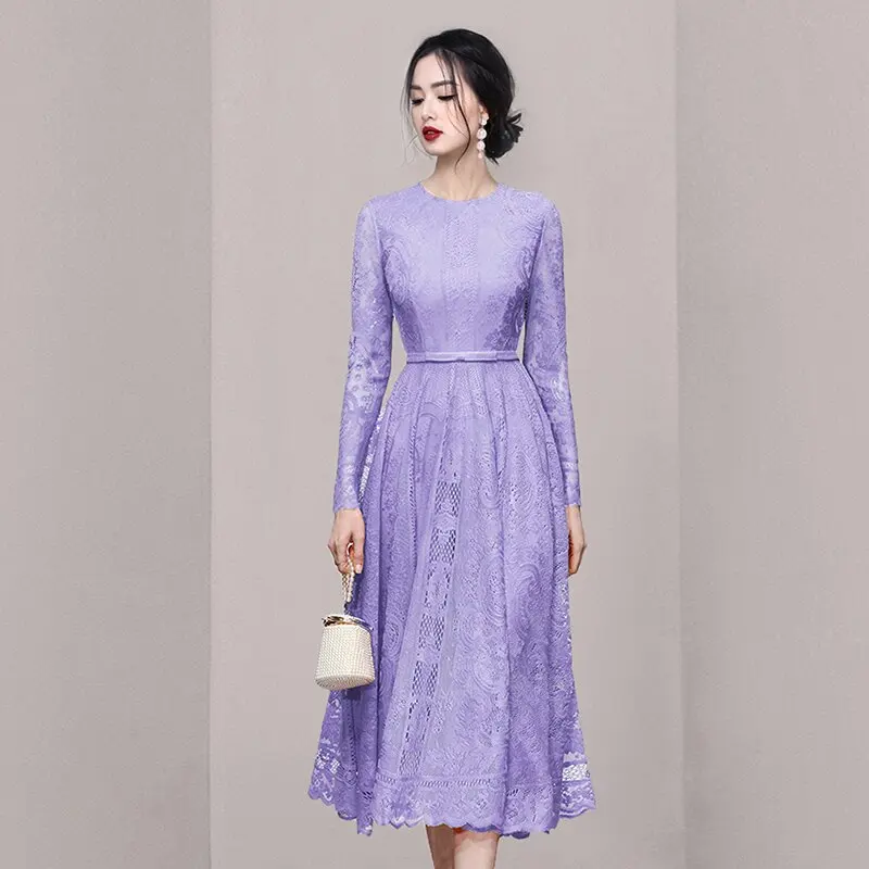 2023 Elegant Women Round Collar Purple Lace Long Dress Vintage Fashion Spring Long Sleeve Hollow Out High Waist Party Midi Dress