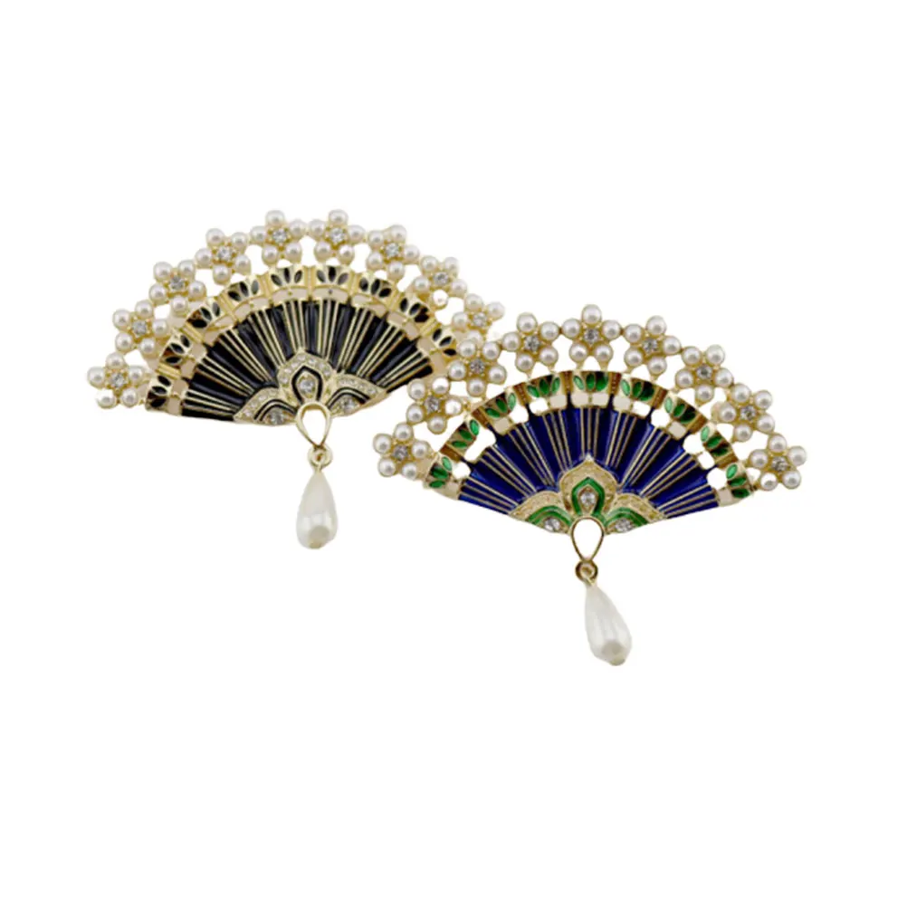 

2PCS Brooch Crystal Fans Pin Pearl Badges Pin Badges Breastpin Elegant Fan Brooch Rhinestone Breastpin Women Girls