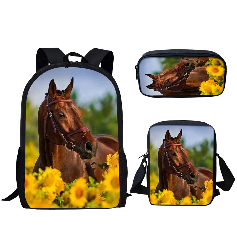 Sunflower Horse Print 3 buah tas sekolah ransel kasual remaja laki-laki perempuan tas buku siswa tas makan siang tas pensil ransel harian