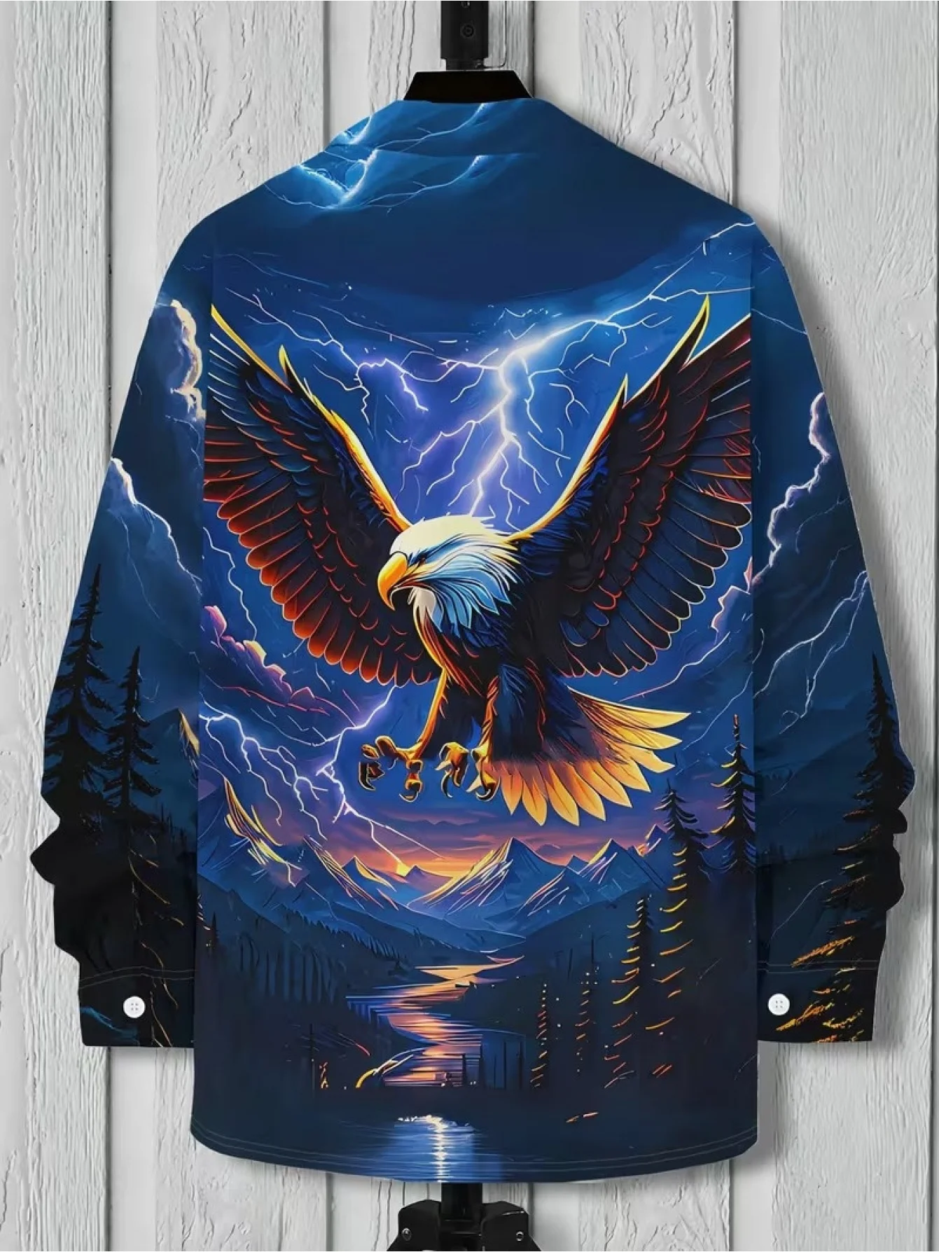 Men Long Sleeve Button Down Shirt Blue Eagle Lightning Mountain Landscape Print Polyester Lapel Collar Party