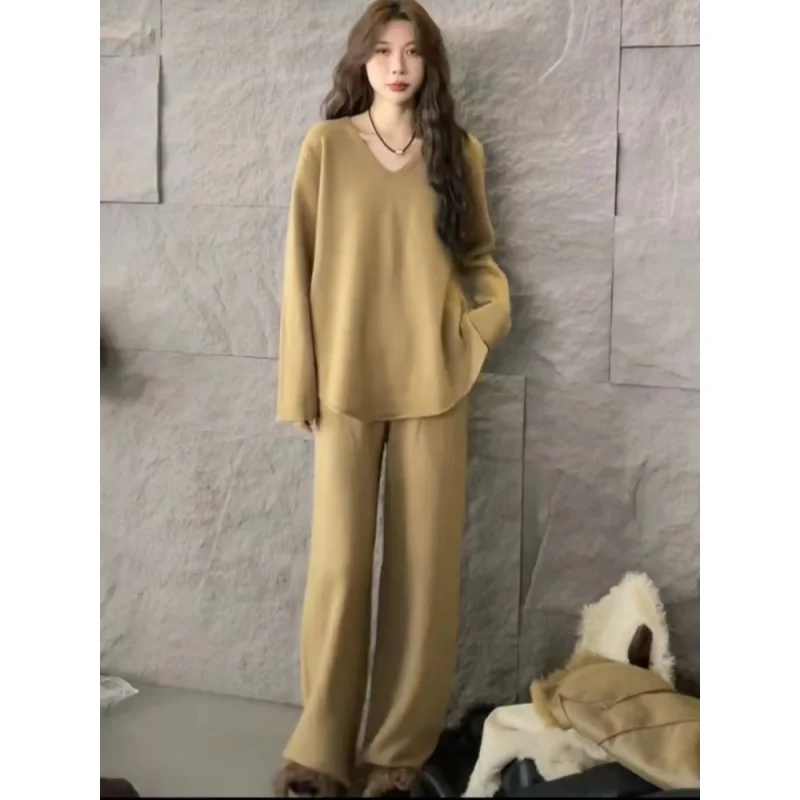 Autumn Winter Cashmere Sweater Sets Women Suit V-Neck Knit Pullover Fashion Straight Wide Leg Pants Luxury Knitted Two-Piece Set