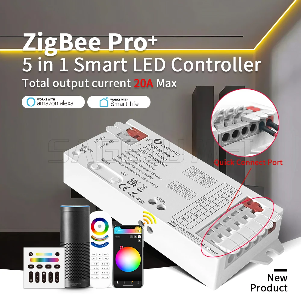 GLEDOPTO ZigBee 3.0 Pro+ 5 in 1 LED Strip Controller 20A Max RGBCCT/RGBW/RGB/CCT/Dimmer Alexa Homey Tuya Smart APP Voice Control