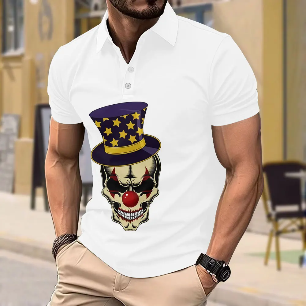 Luxury Fashion Men's Short-sleeved Polo Shirt Personality Trend Skull Casual Short-sleeved Top Summer New Street Loose Pullover