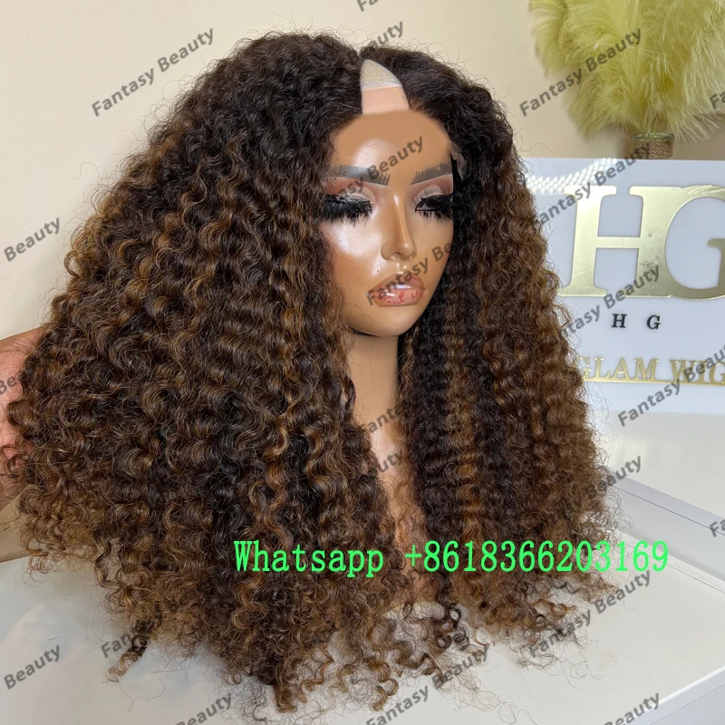 Natural Deep Curly Highlight Brown Blonde Human Hair 1x4 Size U Part Wigs for Black Women Glueless 200Density Long V Part Wigs