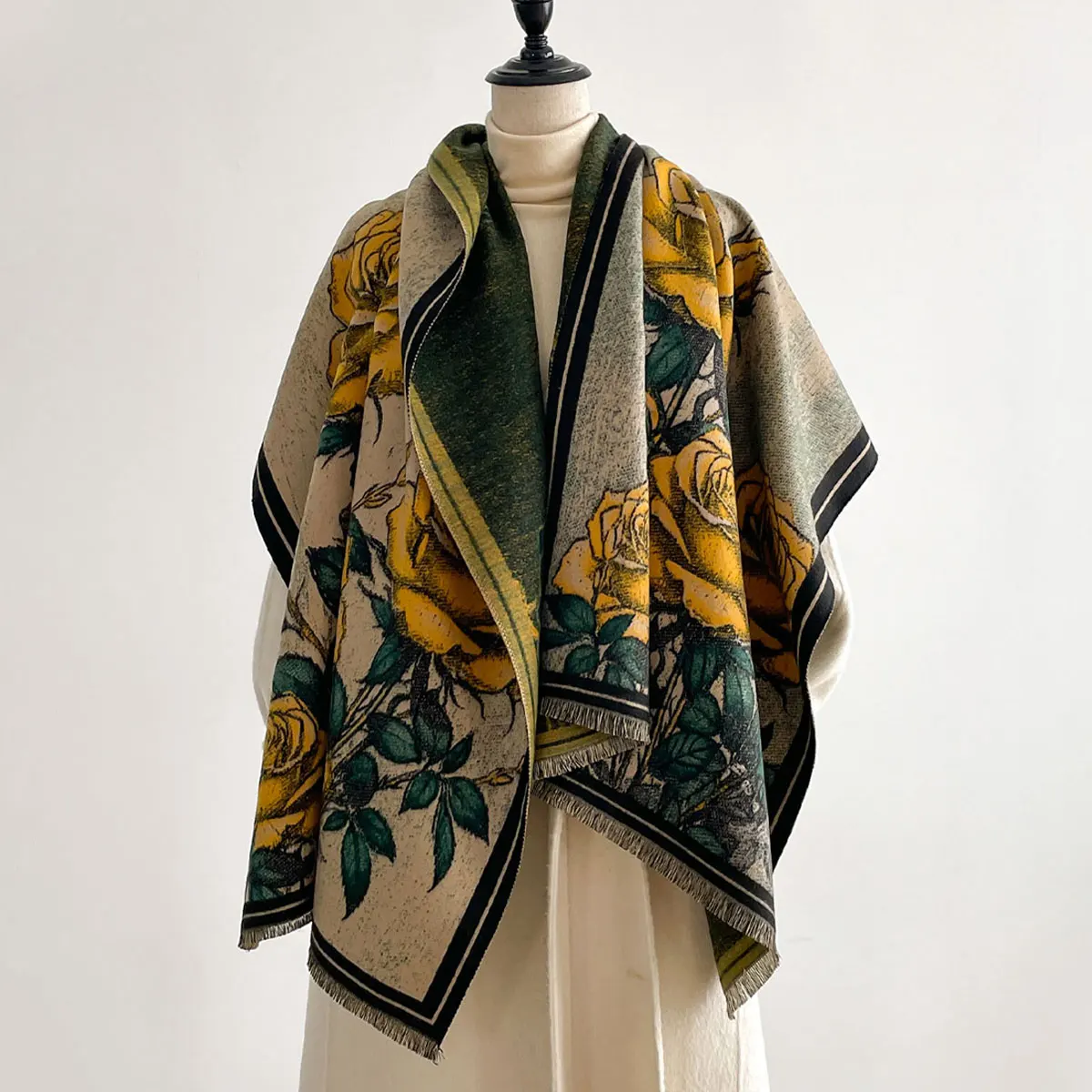 

Женские элитные цветочные дизайны, осенне-зимние двусторонние жаккардовые шарфы премиум-класса с имитацией кашемира, утолщенная большая шаль