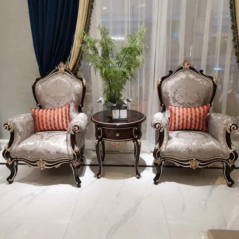 Neoclassical Solid Wood Carved Floral Armchair with Burgundy Finish and Matching Round Coffee Table Set for Living Room