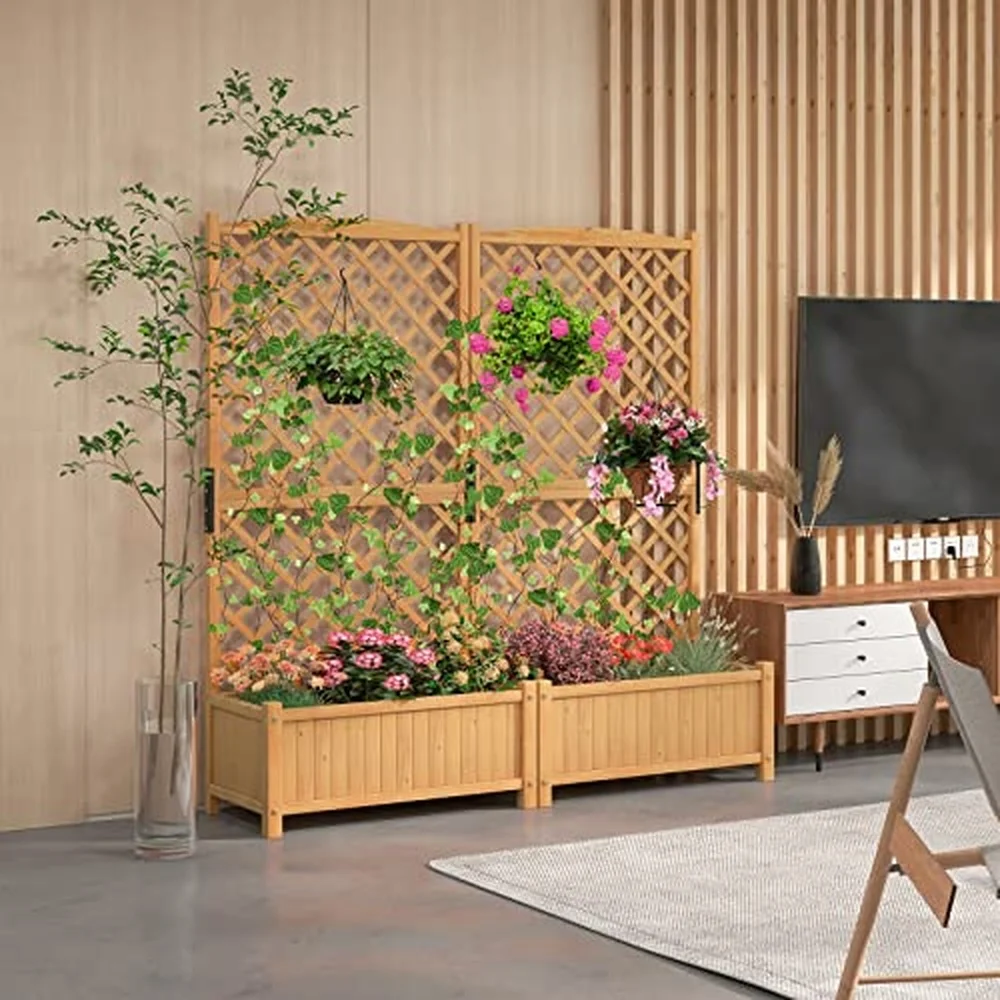 Raised Garden Bed Outdoor Set of 2 35.5x17.5x71 inch Planter Box with Trellis & Removable Bottom Base Trellis Planter