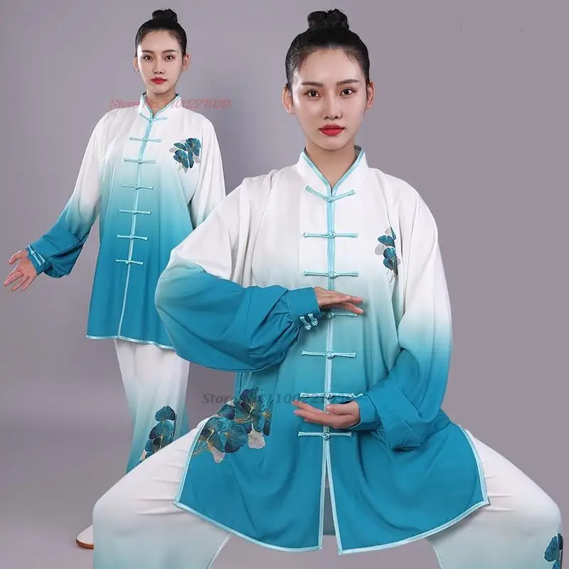 2024 tai chi uniform wushu kung fu set national gradient color flower print taijiquan practice arti marziali wing chun tops + pants