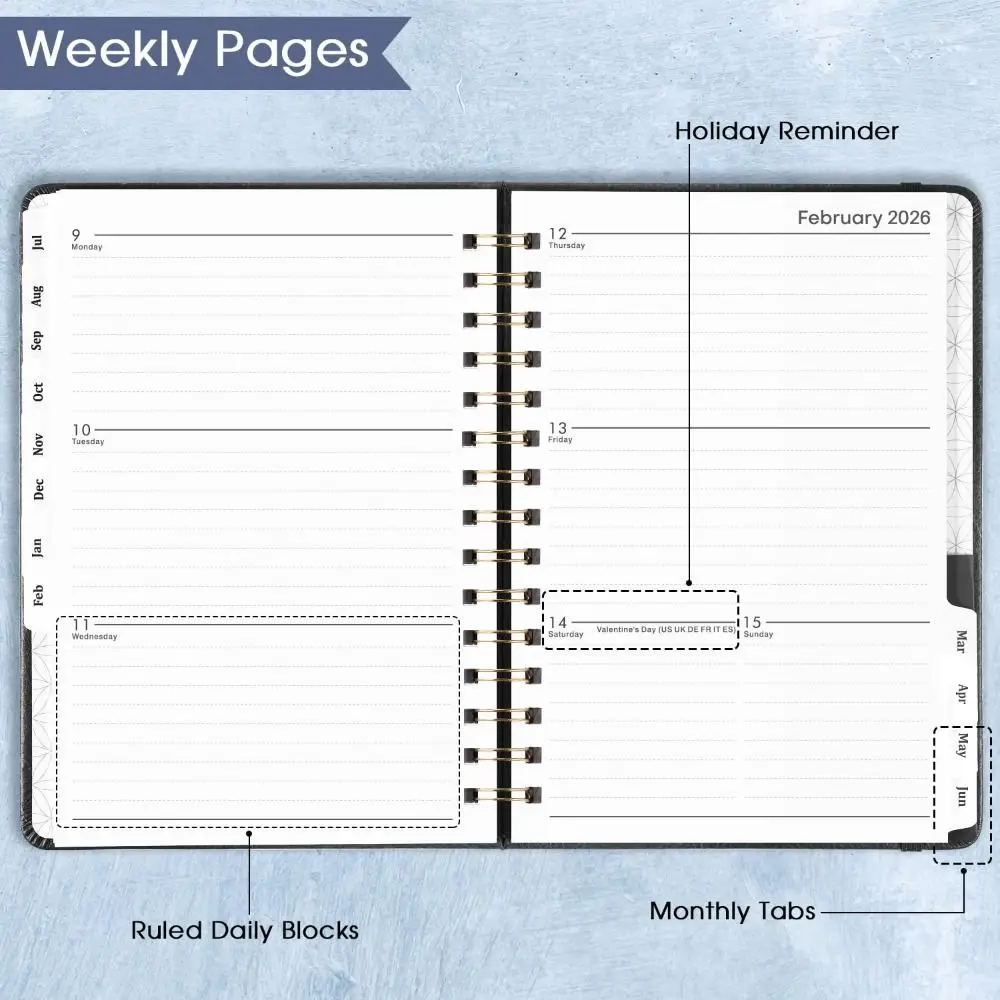 مخطط A5 2025-2026 أسبوعيًا وشهريًا من جلد البولي يوريثان دفتر التقويم جداول يومية مخطط أكاديمي للجيب الداخلي