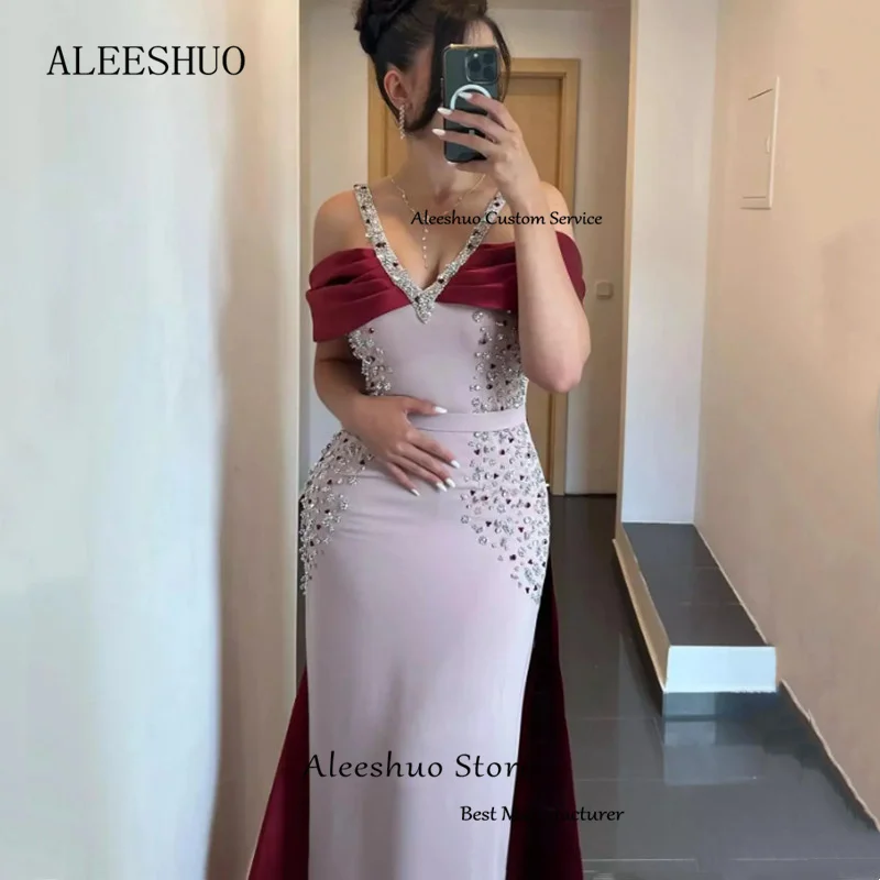 Aleeshuo Luxury Arabic Pink Burgundy Mermaid Evening Dress Beading Appliques Spaghetti Strap Formal Women Prom Party Gowns 2024
