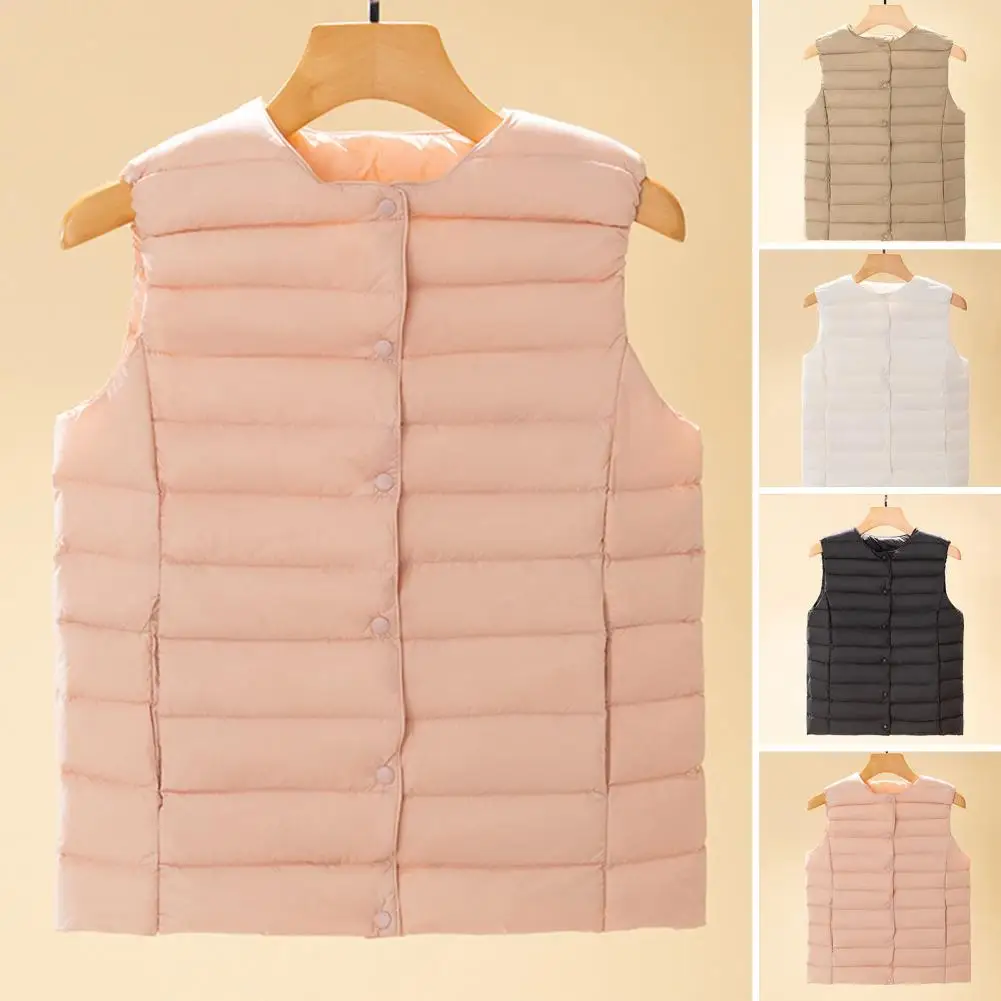 Winter Women Layering Vest Coat With Storage Bag Thin Padded Round Neck Sleeveless Outerwear Heat Retention Outdoor Down Coat