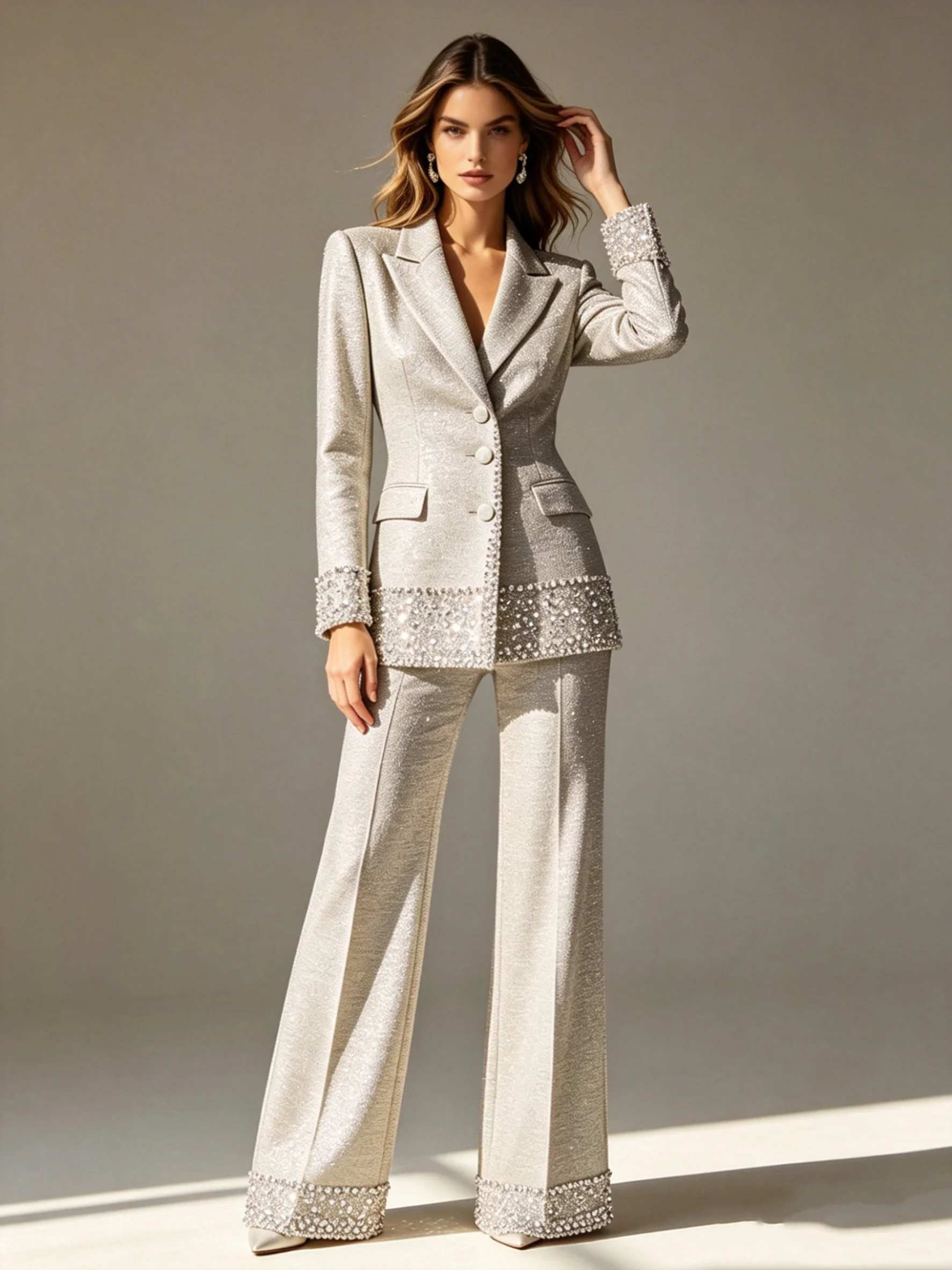 

Luxury Crystals Shiny Women Suit Set 2 Pcs Blazer Pants Formal Office Lady Jacket Wedding Coat Customized