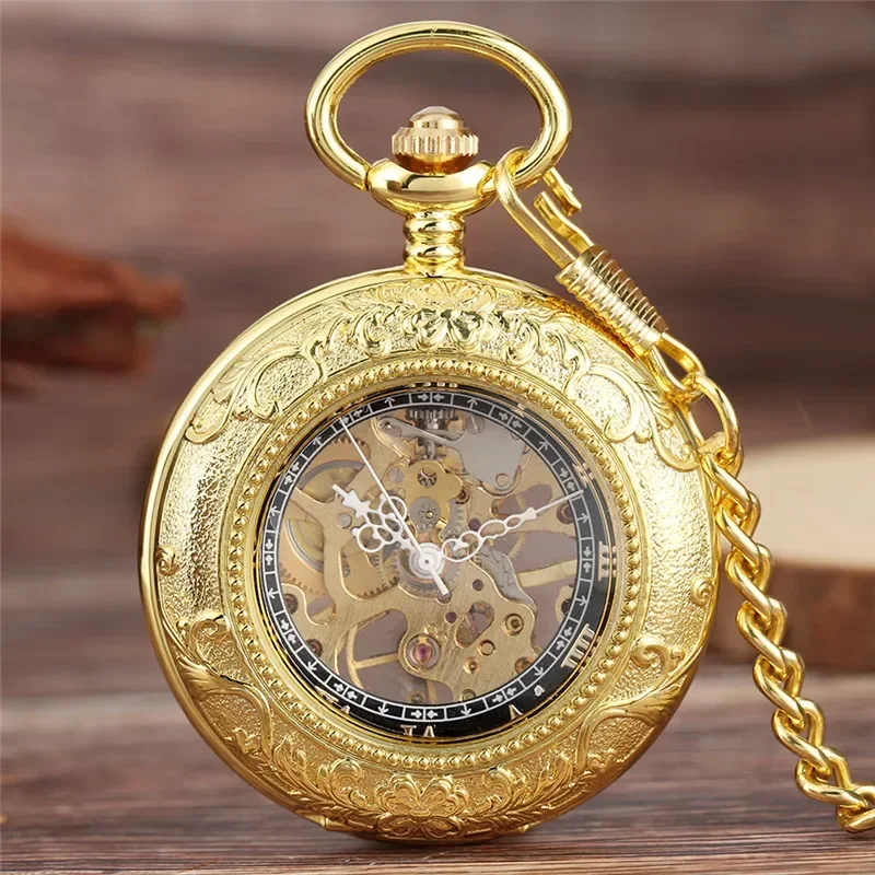 Luxury Gold Transparent Glass Unisex Hand-winding Mechanical Pocket Watch Roman Numerals Skeleton Pendant Clock with Fob Chain
