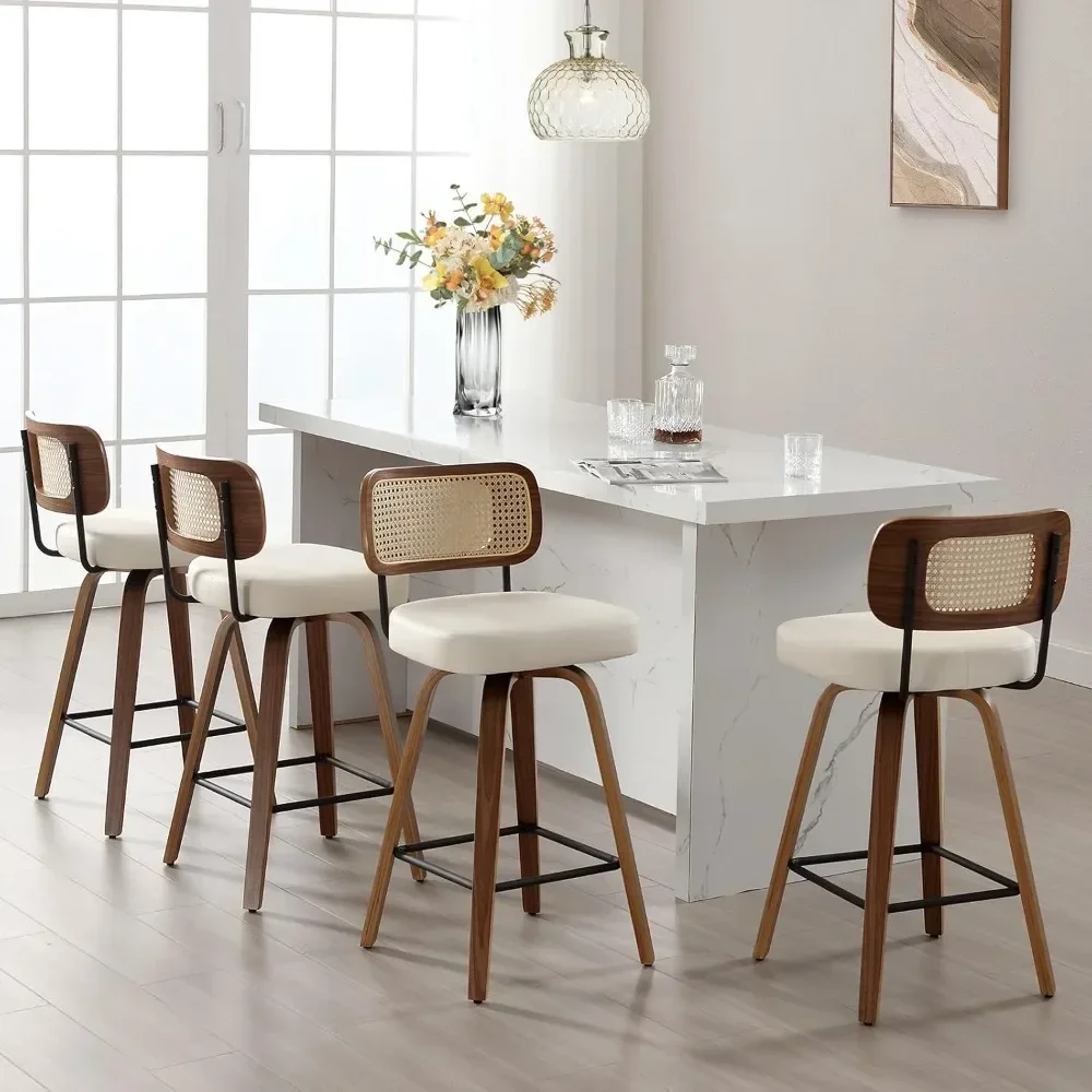 

Swivel Counter Height Bar Stools Set of 4, Upholstered Faux Leather Barstools with Rattan Back, 26" Seat Height Bar Chairs