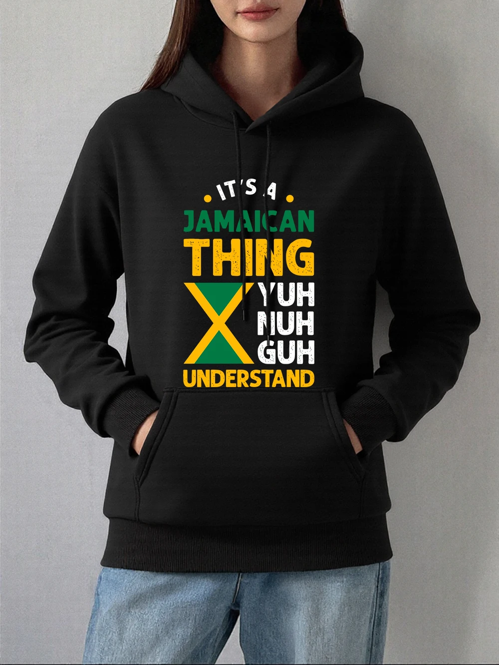 Jamaika Featured Elements Prints Hoodies Damen Bequemes, lockeres Sweatshirt Winter Fleece Warmer Pullover Basics Taschenkleidung