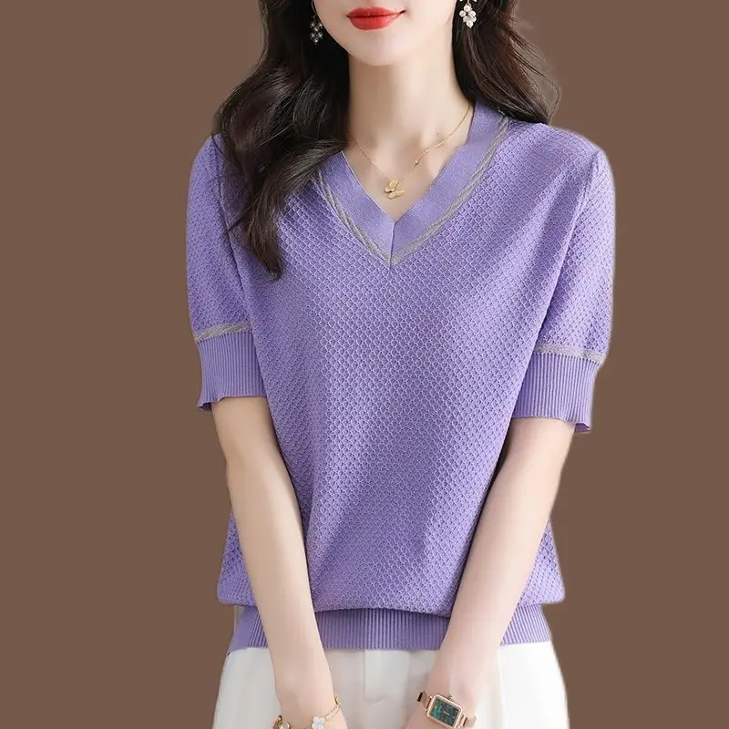 V-neck Change Hollow Out Ice Silk Short-sleeved Elderly Women's Knitted Top with Cotton T-shirt Loose Half-sleeved Summer A235