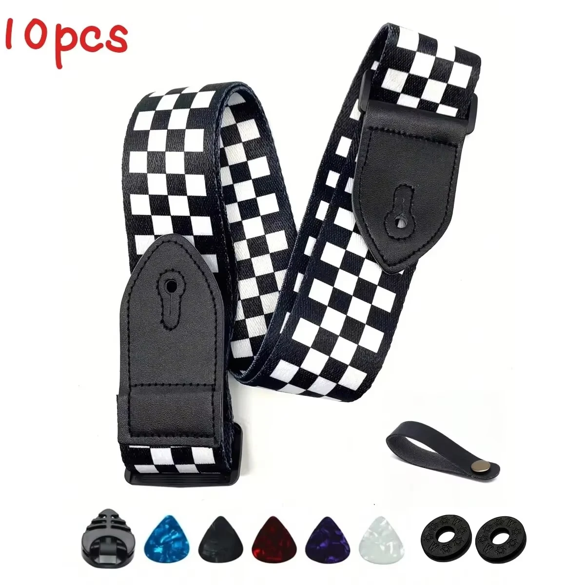 10pcs Guitar Shoulder Strap, Black and White Squares Pattern Adjustable Guitar Shoulder Strap Includes 5 Guitar Picks and 1 Hold