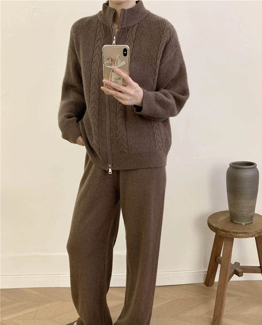 طقم سترة محبوكة بسحاب وبنطلون طويل للنساء، مجموعة خريفية أنيقة بأكمام طويلة وياقة عالية من قطعتين