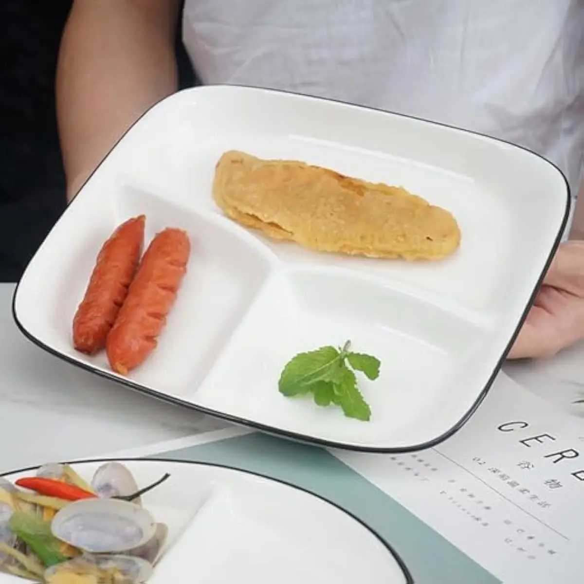 Ceramic Portion-Control Dinner Plate Set 2 pcs Square 9.9 Inch with Three Ergonomic Compartments Golden Ratio Layout Microwave D view 5