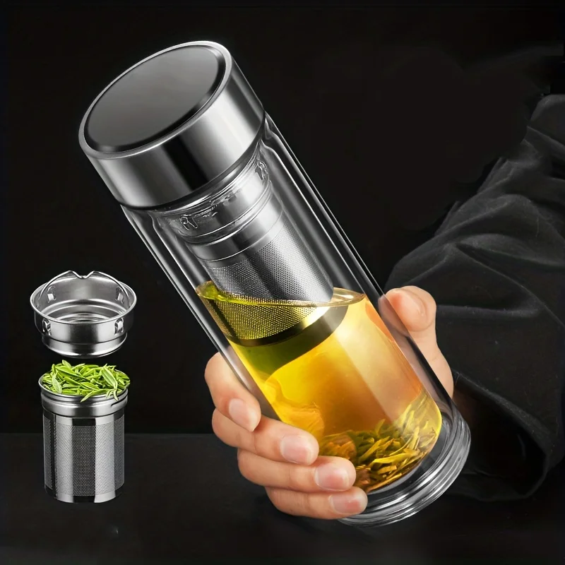 [Double-layer Glass Tea Cups] Double-layer Glass Tea Cups Set 13.52 OzPortable Leak-proof Water Bottle - Outdoor Camping Travel