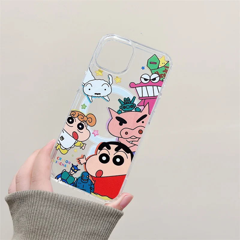 Cartoon Cute Magnetic Attraction Case For Apple iPhone 15 14 13 12 11 Pro Max Soft Silicone Cover Crayon S-shinS-C-chanS Cases