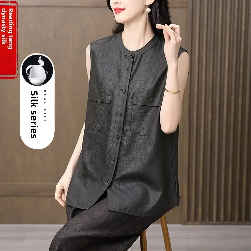 

Шелковый топ с узором, круглым вырезом и коротким рукавом, винтажный, простой, летний, для женщин среднего и старшего возраста