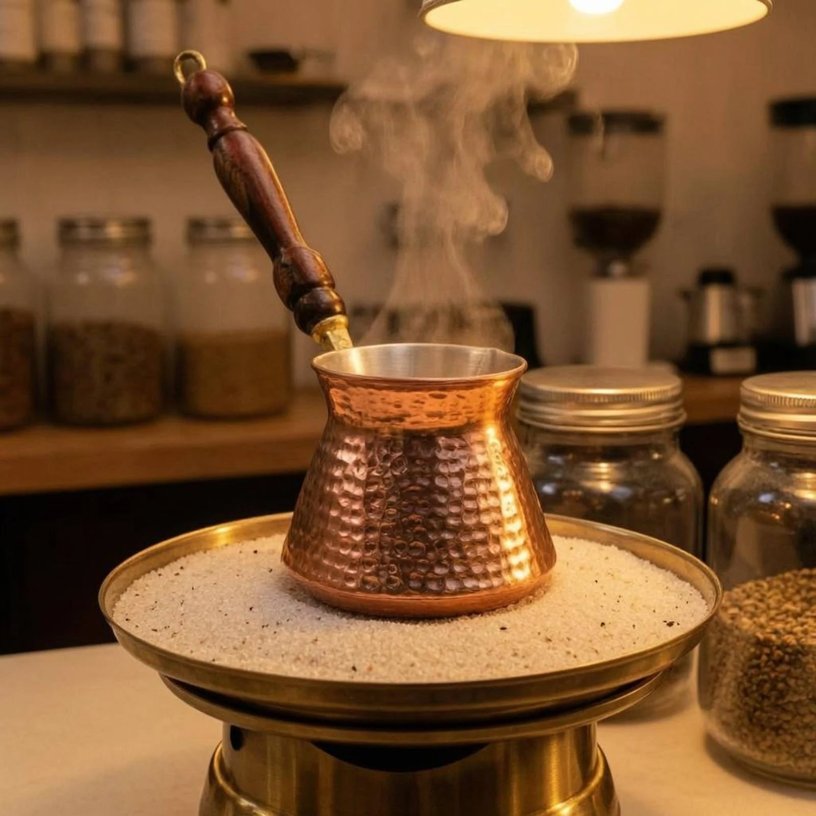 Copper Cezve Embossed Turkish-Style Coffee Pot Copper Coffee Pot Wooden Handle Kitchenware Traditional Design view 2