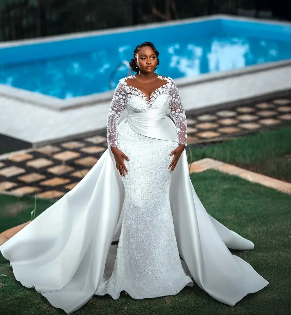 Custom New Detachable Tail Sparkly Pearls Beads Mermaid Wedding Dress Removable Skirt Robe De Mariée Long Sleeve Bridal Gown