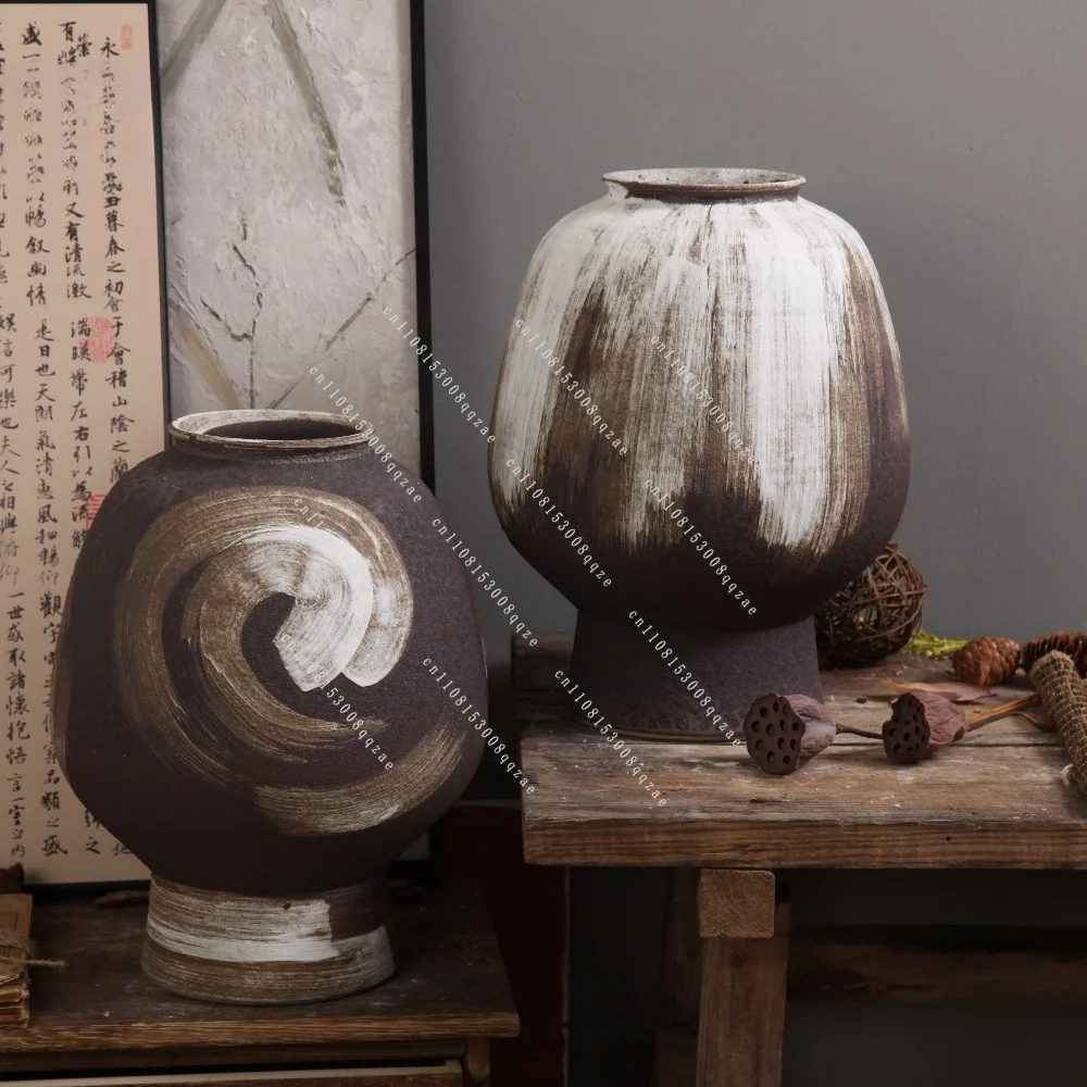 Rural Pottery Antique Terracotta Warriors Traditional Chinese Retro Handmade Matte Vase Desktop Unique Texture Ceramic Clay