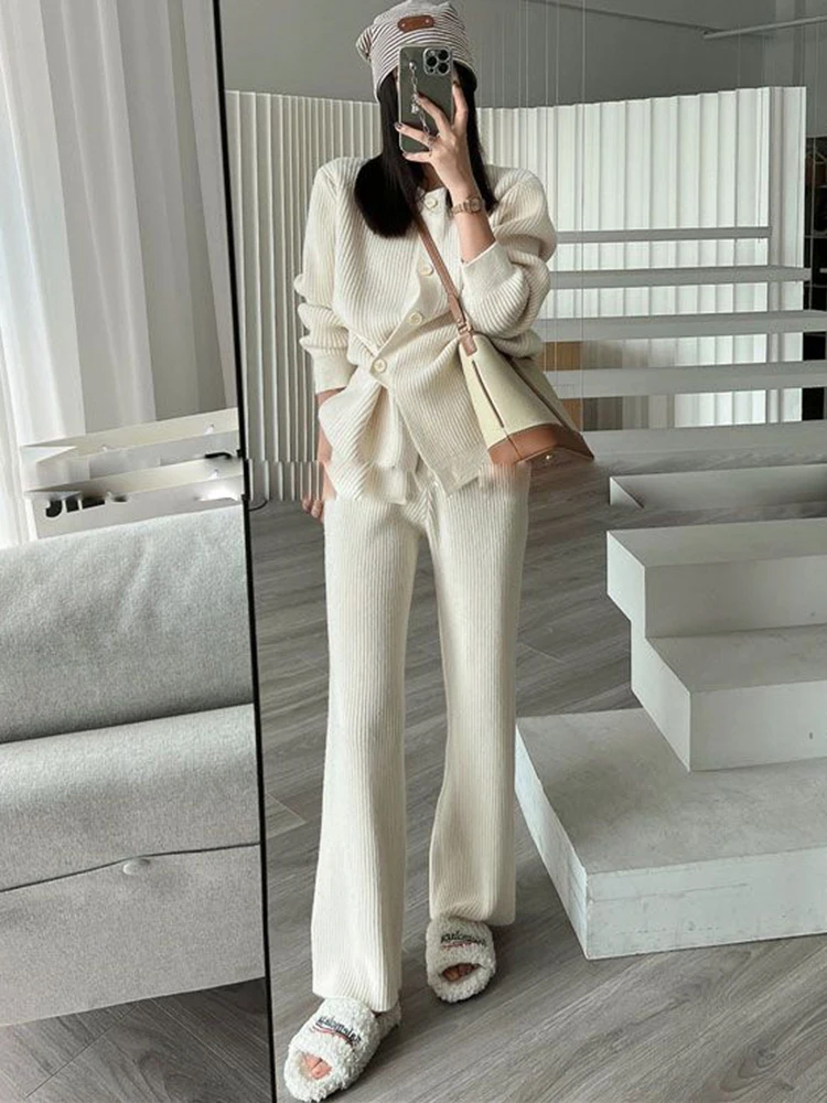 

Elegant Knitwears Pants Ensembles Soft Sweater Cardigan Tops Suit Knit Wide Leg Pantalones Conjunto Casual Knitted Two Piece Set