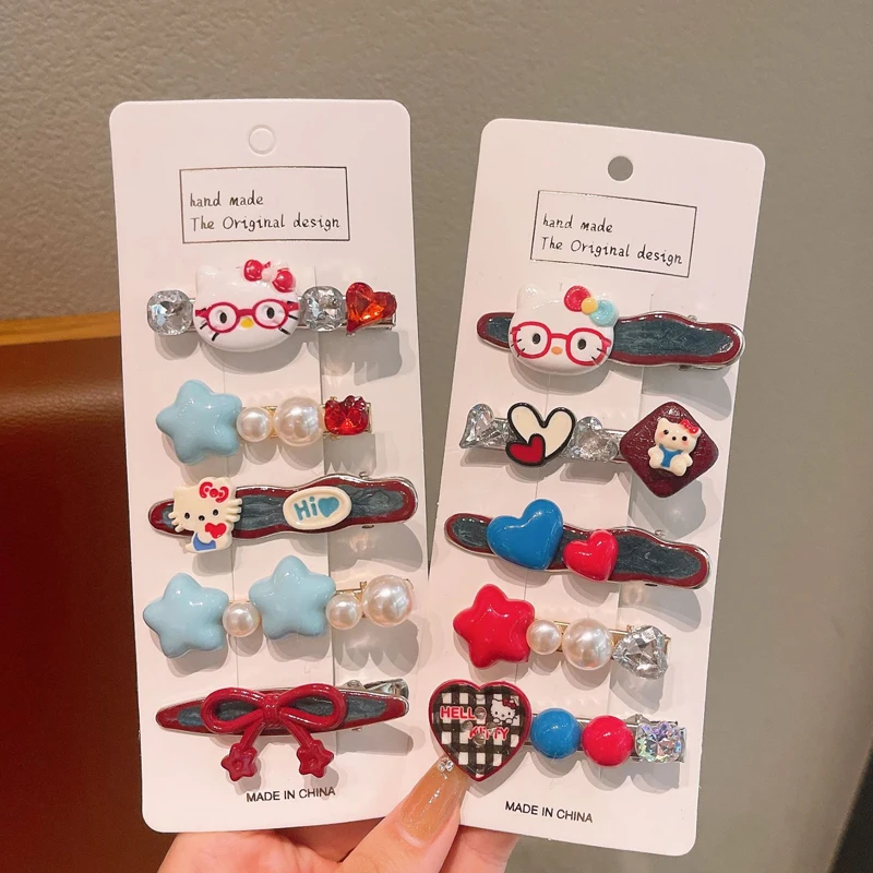 5Pcs Girl's Fashion Cute Cartoon Flash Diamond Hello Kitty Hair Pin Hairpin Girl Bangs Hair Accessories Child Forehead Hair Clip - Image 4