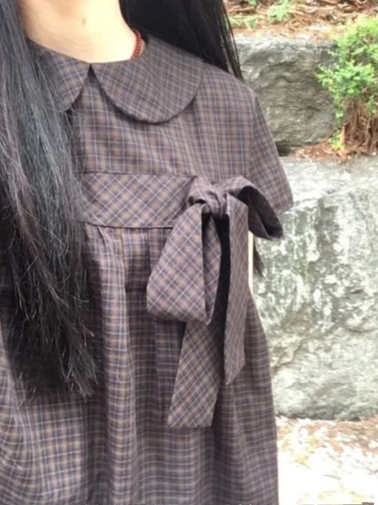 Korean Sle Doll Collar irt  Knot Girl's Feel Vintage Plaid ort Sve Button up Top Women's Faion Commute