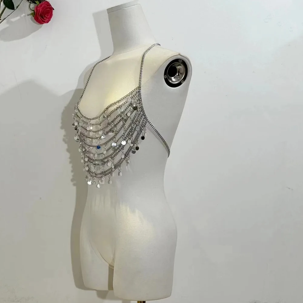 Handmade Sexy Lingerie Performance Costume Heavy Duty Bra Wrap Bra Chain Sequins Body Chain Hollowed Out Chest Jewelry