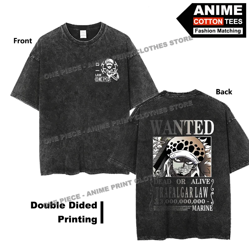

Anime One Piece - Law WANTED T-shirt Double Sided Print Clothing y2k Street styl Men Women Short Sleeve Retro Cotton Loose Tees