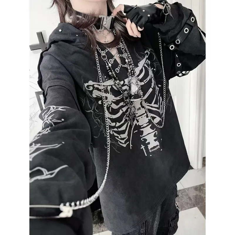 manilles-squelette-sous-culture-costole-gothique-fonce-a-capuche-chaine-tie-dye-sweat-a-capuche-chaine-design-sense-haut-ample