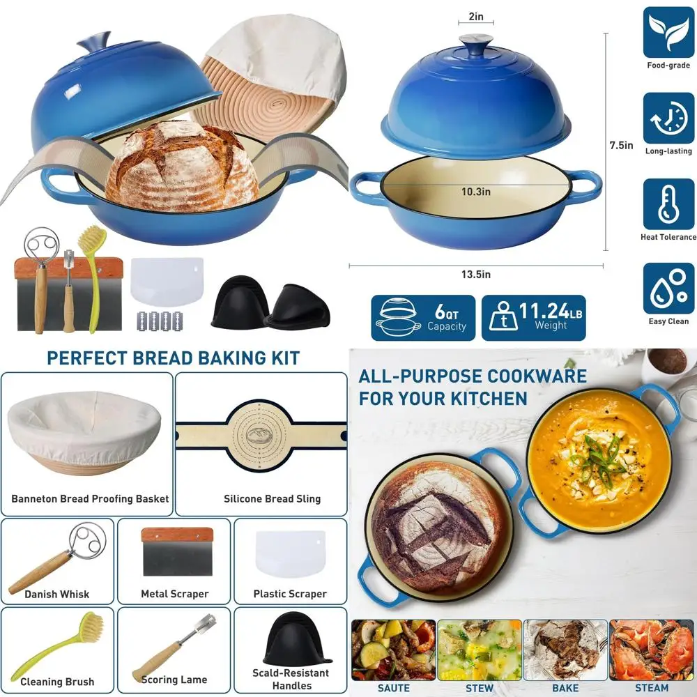 

Multi-Functional 6-Quart Dutch Oven Pot for Baking, Cooking, and Frying - Round Bread Pot with Proofing Basket, Silicone Sling,