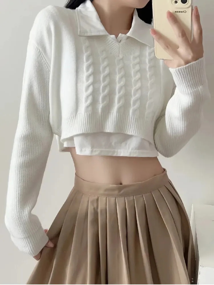 2022 Vintage V neck Knitted Twist Striped Cropped Pullovers Preppy Full Sleeve Navel Exposure Sweater High Waist Jumper