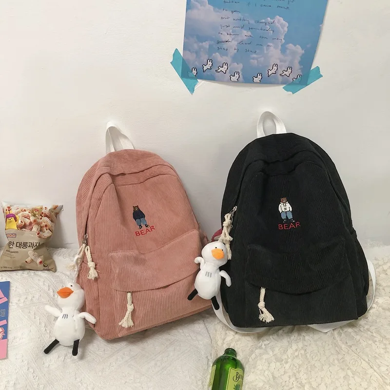 Mochila de pana para estudiante femenino, bolsa versátil de gran capacidad para viajes de escuela secundaria, bonita