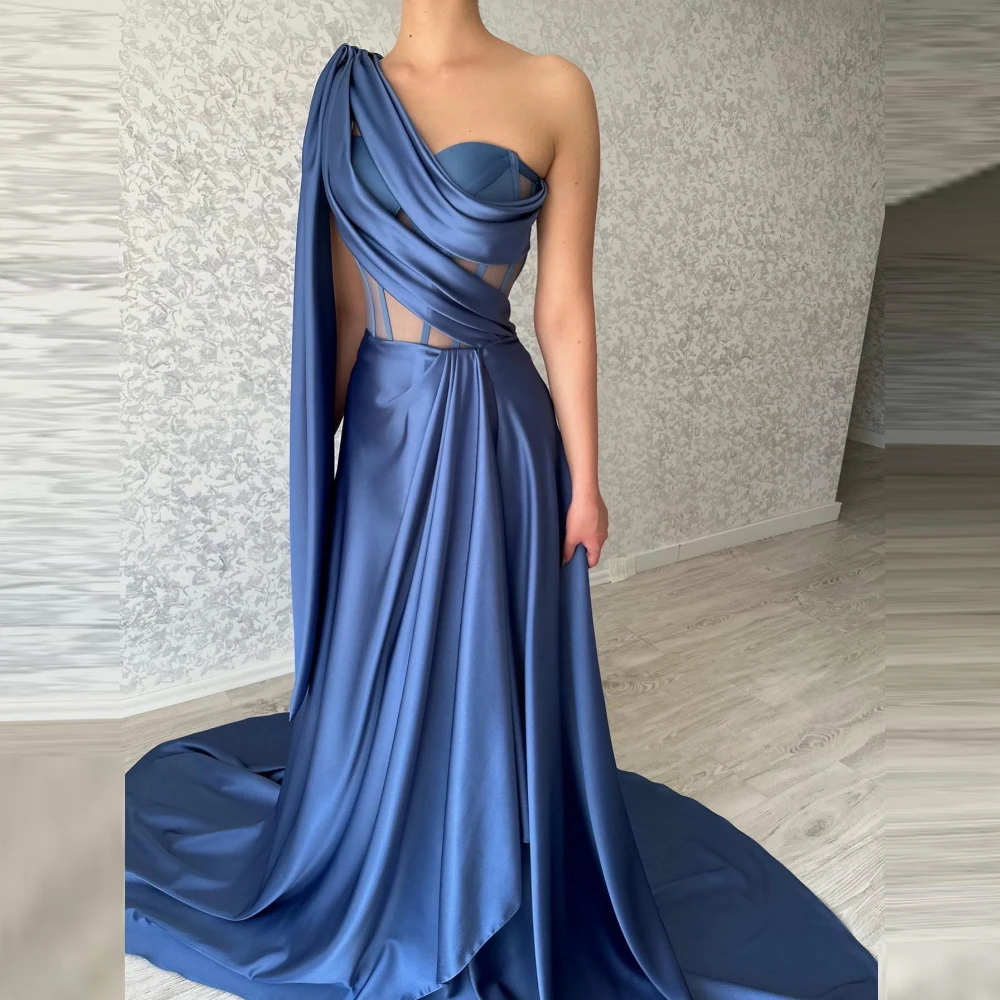 Carolina One Shoulder Sleeveless Open Back Simple Evening Dresses فساتين سهرة Women's Blue Prom Dresses Formal Occasion Party