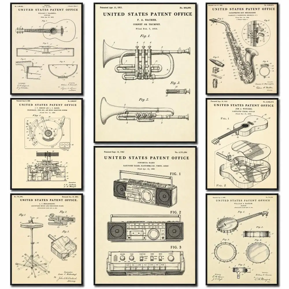 Vintage Musical Instrument Patent Banjo Sax Guitar Drawing Poster PP Wall Art Print Removable Home Decor Cafe Apartment Gift