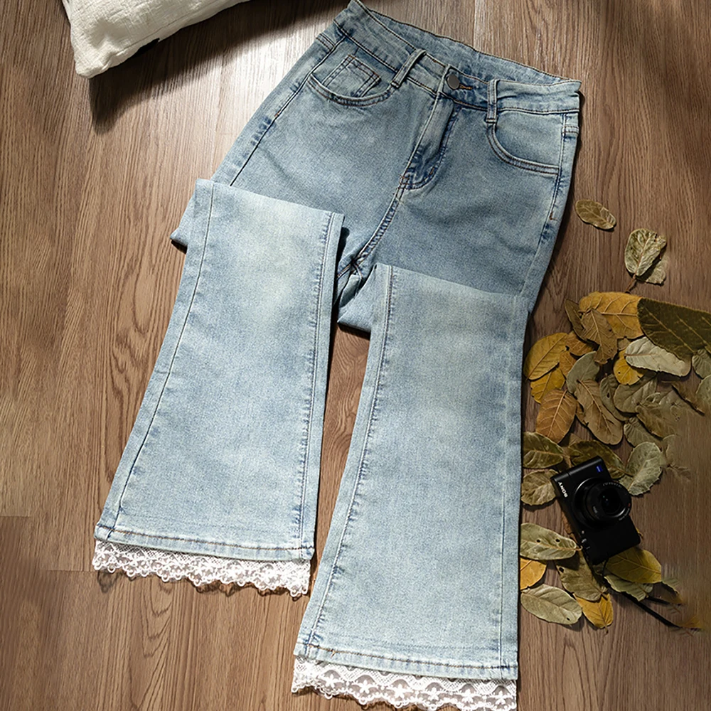 

Lace Patchwork Flared Jeans for Women Summer High Waist Slim Ankle Length Denim Pants 2026 New Light Blue Cropped Jeans