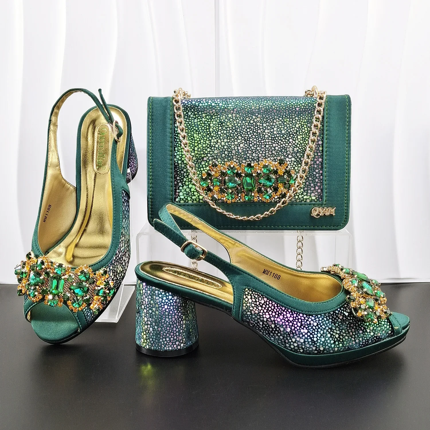 Women's Ultra High Chunky Heel Peep Toe Ankle Strap Rhinestone Satin Breathable Summer Shoes with Colorful Shoe Bag Set