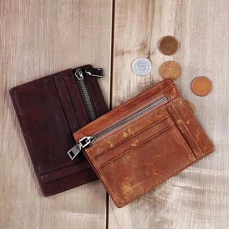 RFID Blocking Slim Front Pocket Ultra Thin Wallets Genuine Leather ID Credit Card Holder for Men Zipper Coin Pouch Purse