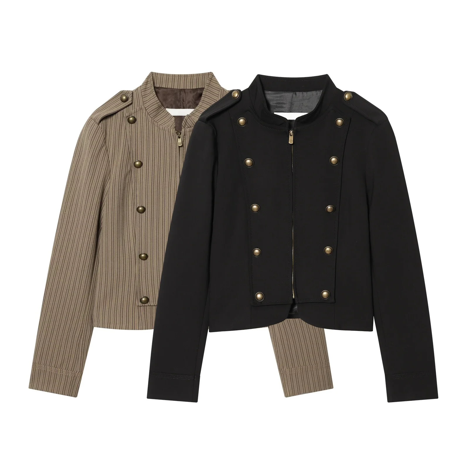 Spring New Women's Slim Fit Suit Jacket Long Sleeve round Neck Striped Decorative Metal Button Outerwear Commute Style Polyes...